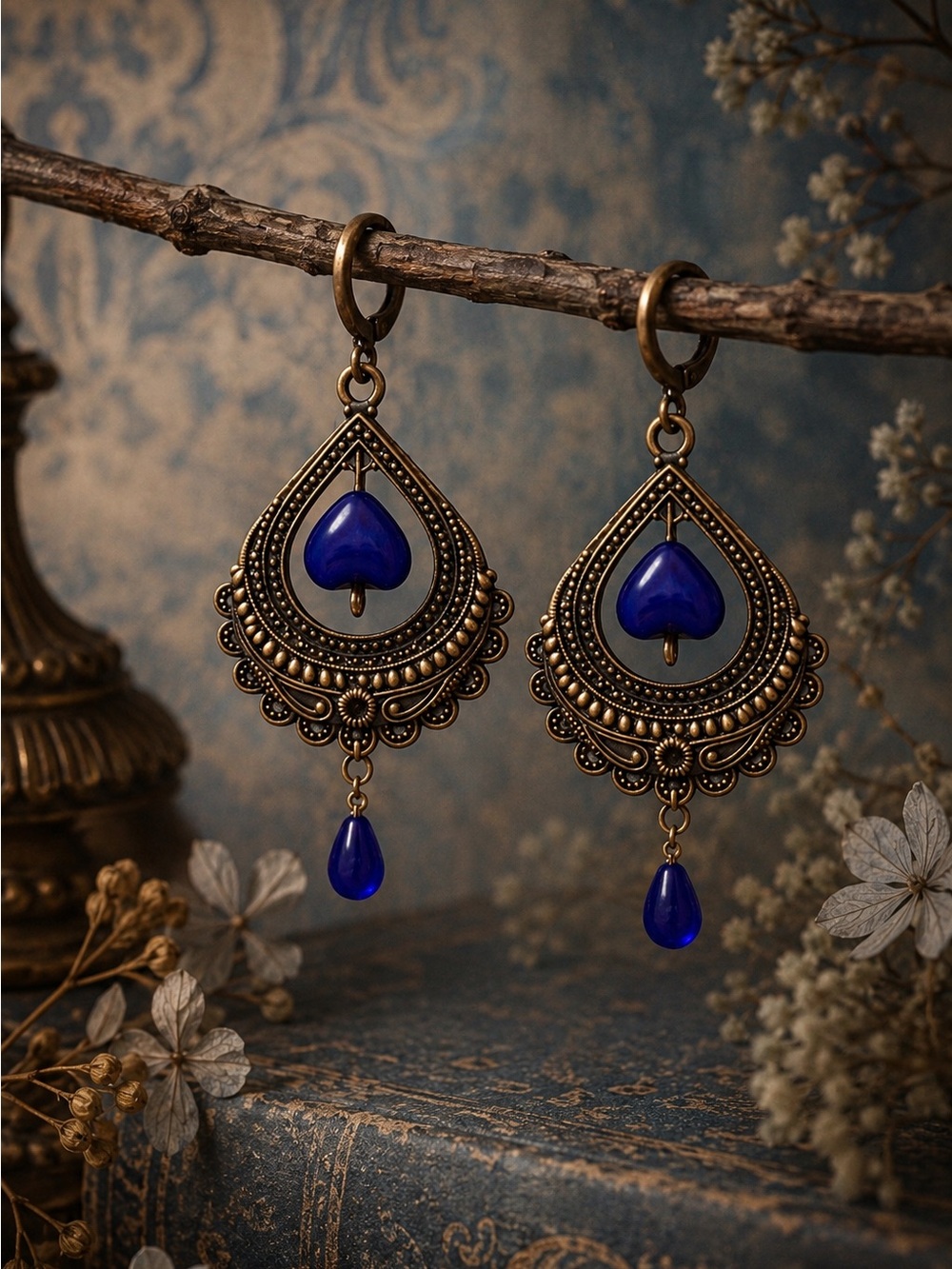 Elegant Antique Bronze Earring  Blue Teardrop Earrings | Handmade Dangle Jewelry